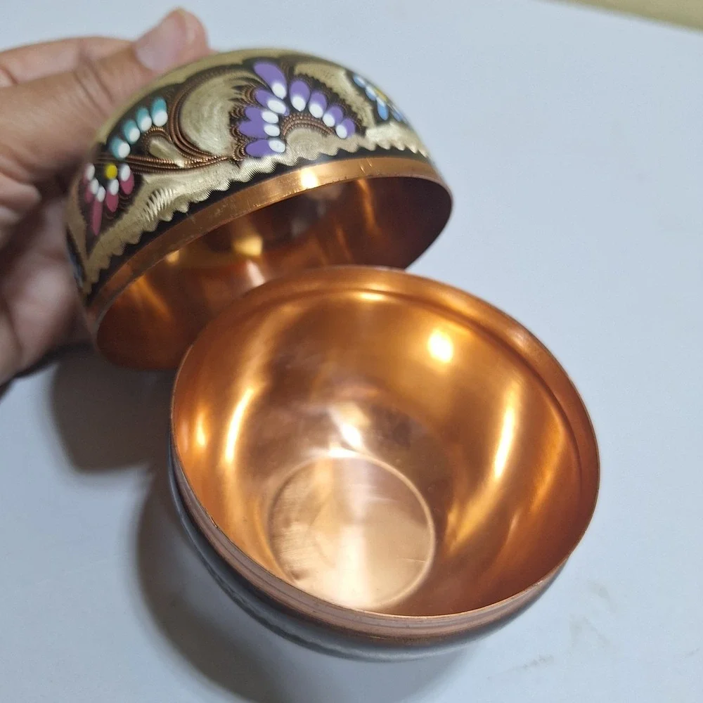 Vintage Persian Turkish Hand Painted Copper Sugar Bowl Lidded Trinket Box Enamel